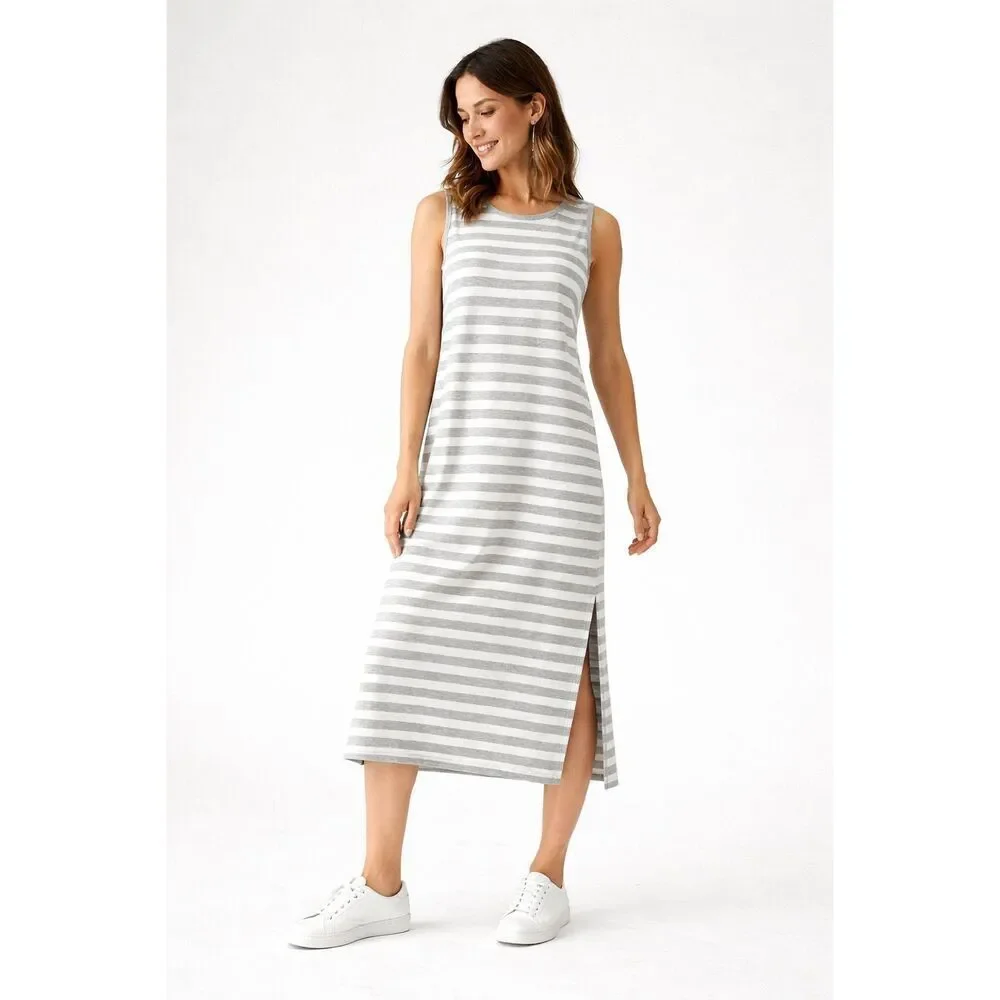 Joan Vass Striped Midi Dress Gray White Sleeveless Minimalist Capsule Womens M